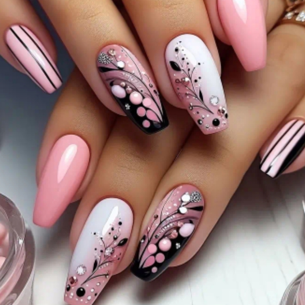 🔥3/$21 Pink and Black Nail Art Design Press On Nails